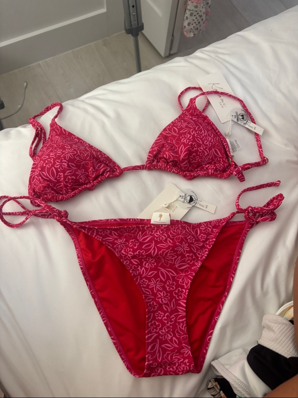 Kensie Pink Floral Tie-Side Triangle Bikini Set